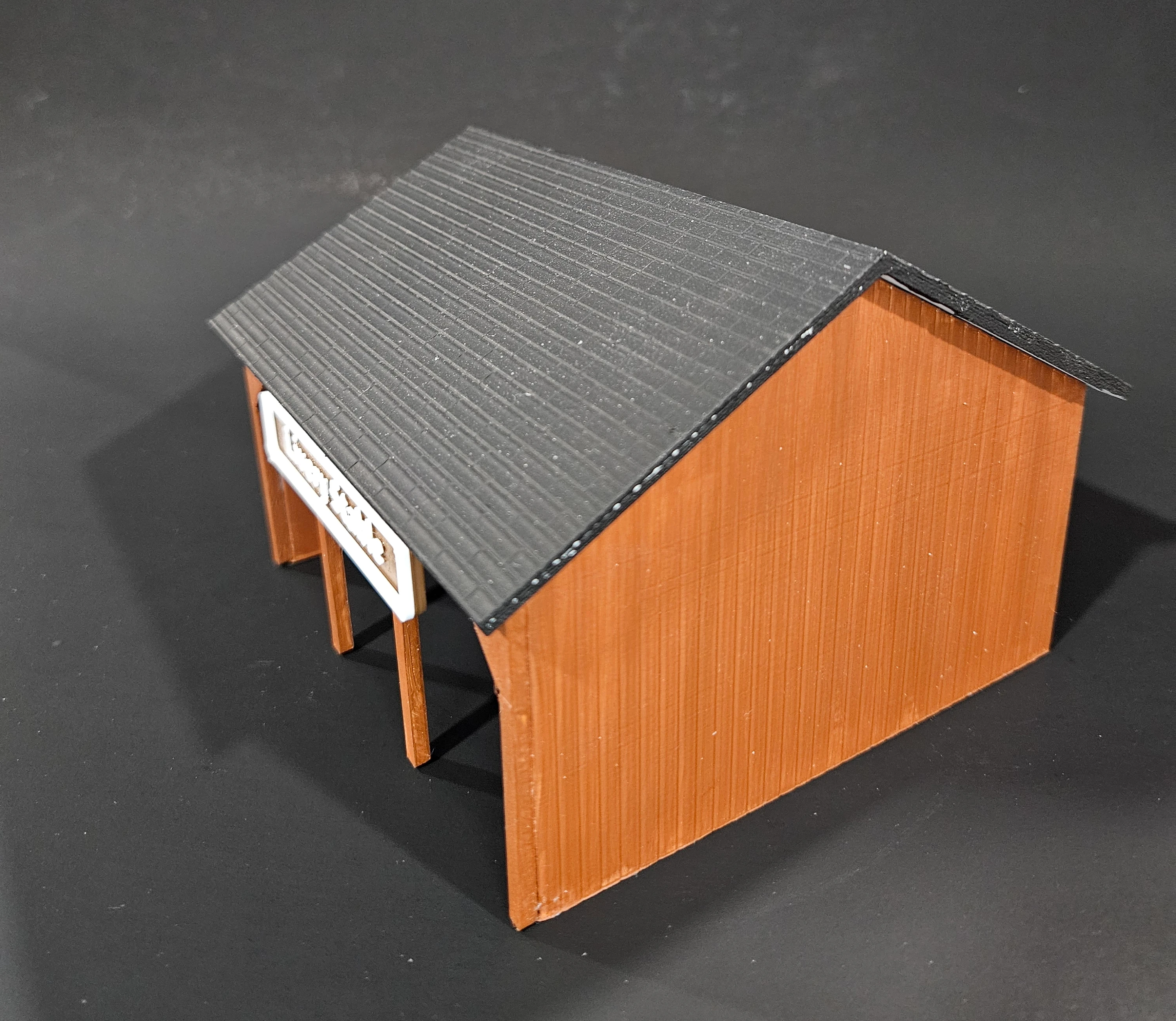 Angled view of HO scale livery stable
